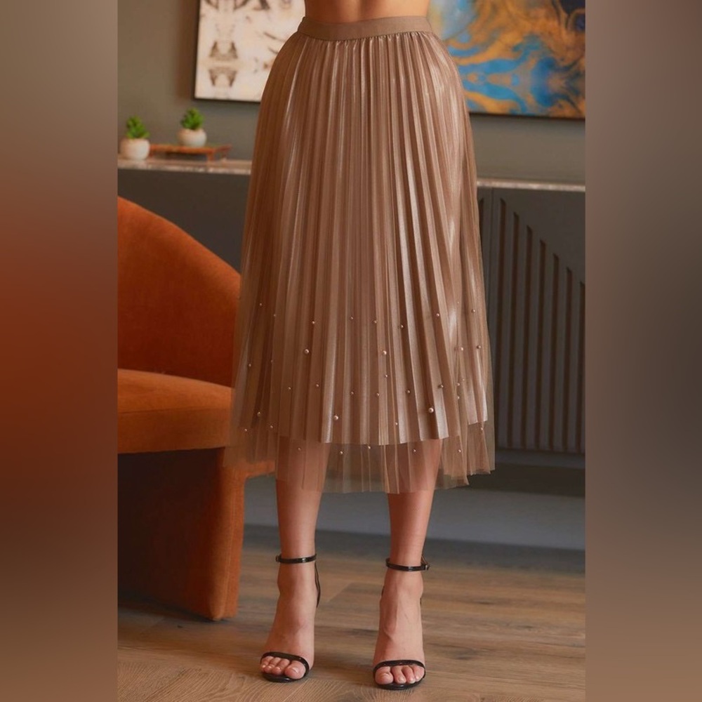 Pearl Embellished Pleated Mesh Midi Skirt